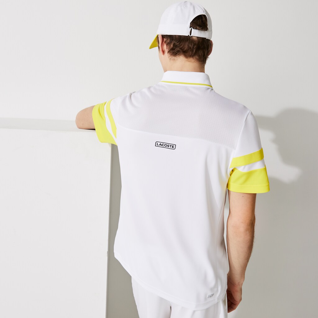 Camisa Polo Lacoste Masculino Branco Amarelas SPORT Striped-Sleeve Breathable Piqué Tennis BL1-49864K6