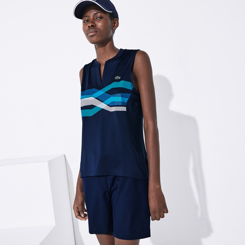 Camisa Polo Lacoste Feminino Azul Marinho Azuis Turquesa Azuis Branco SPORT Ultra Dry Geometric Print Performance ZB0-04100H0