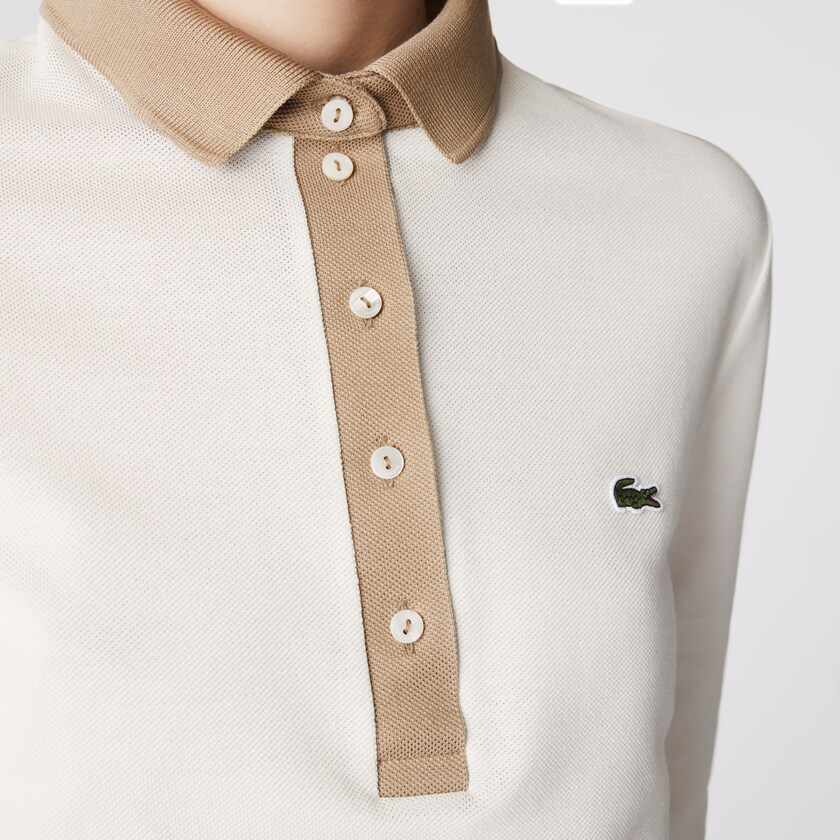 Camisa Polo Lacoste Feminino Branco Bege Slim Fit Cotton TT8-07970S8