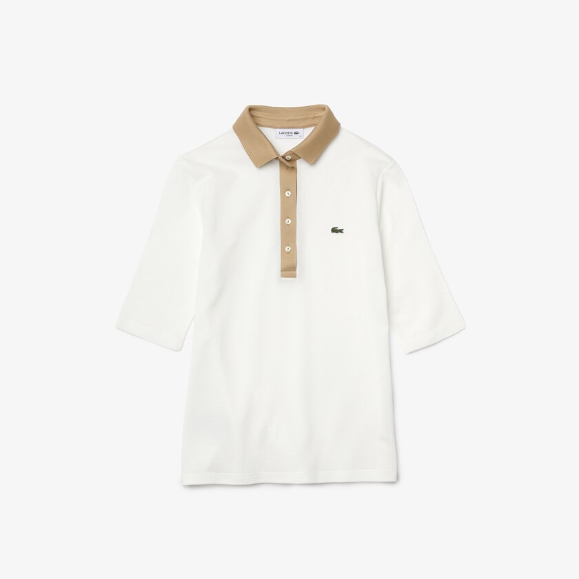 Camisa Polo Lacoste Feminino Branco Bege Slim Fit Cotton TT8-07970S8