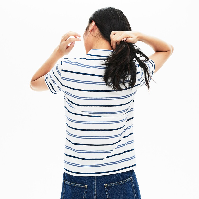 Camisa Polo Lacoste Feminino Branco Azuis Azul Marinho Azuis Slim Fit Striped Stretch Piqué BJ8-85448H9