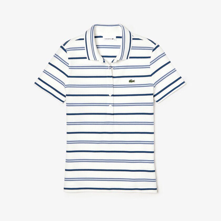 Camisa Polo Lacoste Feminino Branco Azuis Azul Marinho Azuis Slim Fit Striped Stretch Piqué BJ8-85448H9