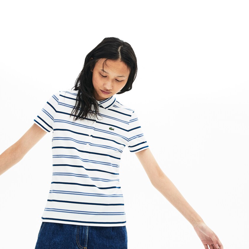 Camisa Polo Lacoste Feminino Branco Azuis Azul Marinho Azuis Slim Fit Striped Stretch Piqué BJ8-85448H9
