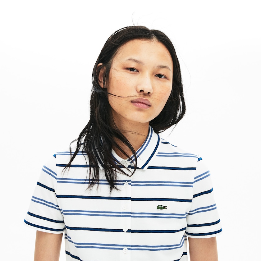 Camisa Polo Lacoste Feminino Branco Azuis Azul Marinho Azuis Slim Fit Striped Stretch Piqué BJ8-85448H9