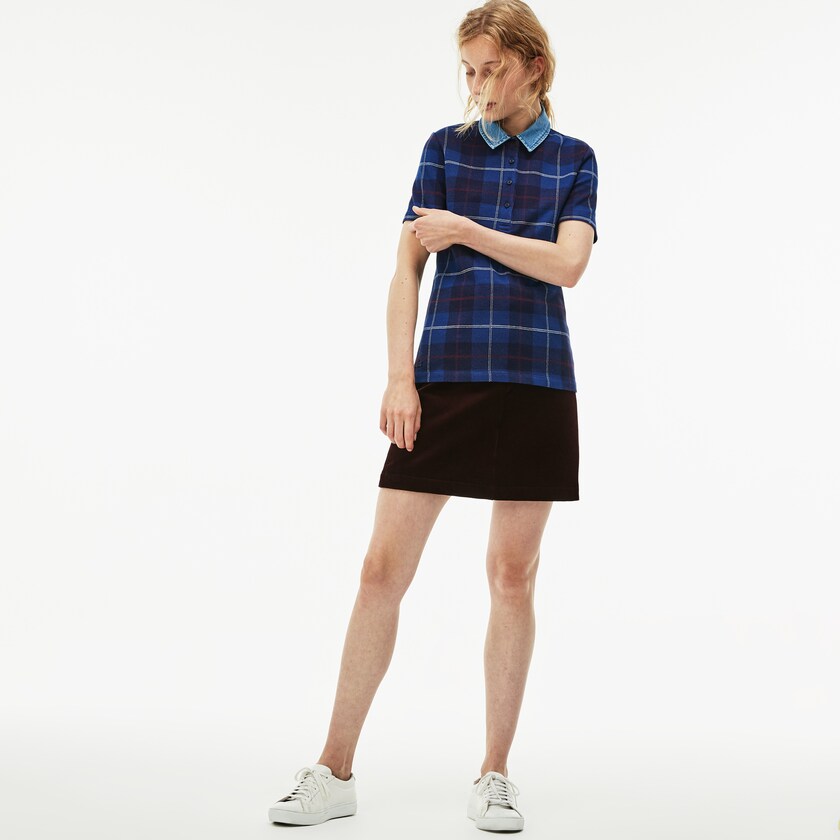 Camisa Polo Lacoste Feminino Azul Marinho Azuis Azuis Tartan Check Cotton Jacquard EP6-95659V8