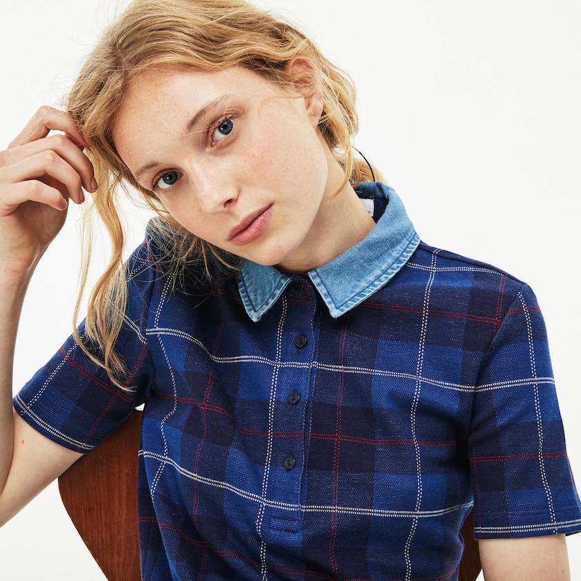 Camisa Polo Lacoste Feminino Azul Marinho Azuis Azuis Tartan Check Cotton Jacquard EP6-95659V8