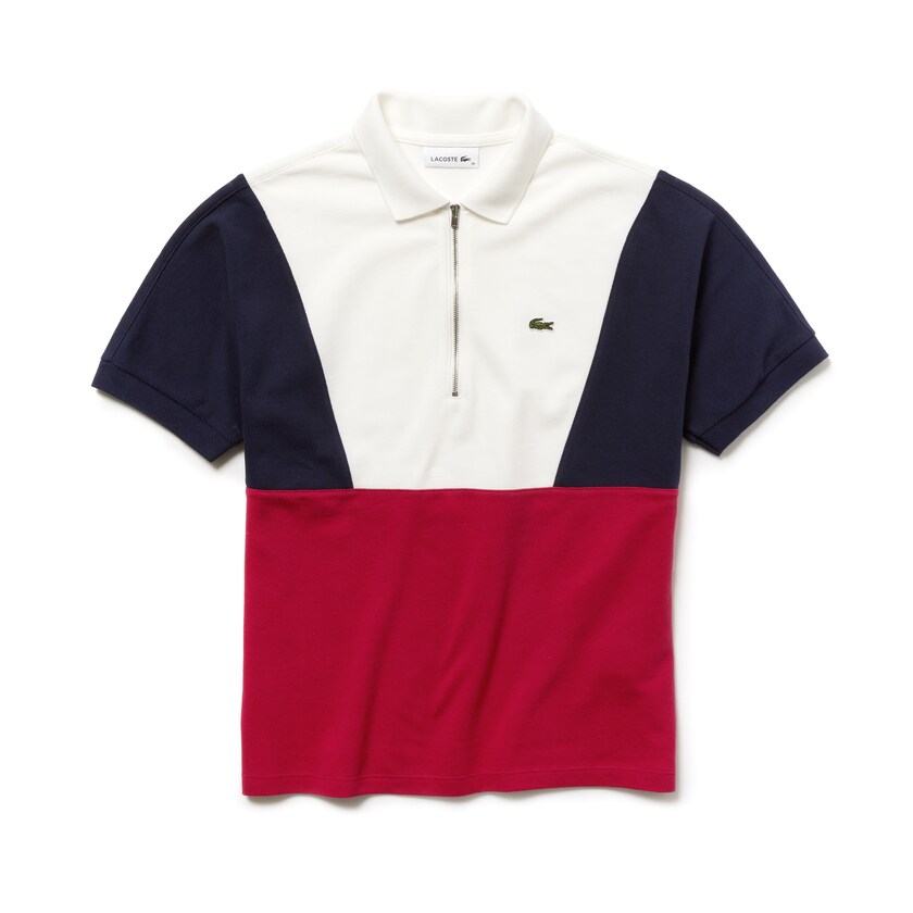 Camisa Polo Lacoste Feminino Branco Azul Marinho Azuis Vermelhas Zip Neck Colorblock Terrycloth Piqué RR9-24672R5