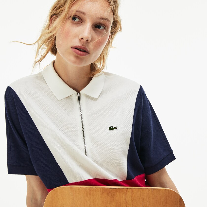 Camisa Polo Lacoste Feminino Branco Azul Marinho Azuis Vermelhas Zip Neck Colorblock Terrycloth Piqué RR9-24672R5