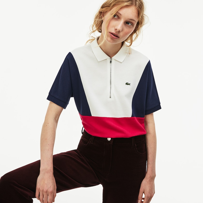 Camisa Polo Lacoste Feminino Branco Azul Marinho Azuis Vermelhas Zip Neck Colorblock Terrycloth Piqué RR9-24672R5