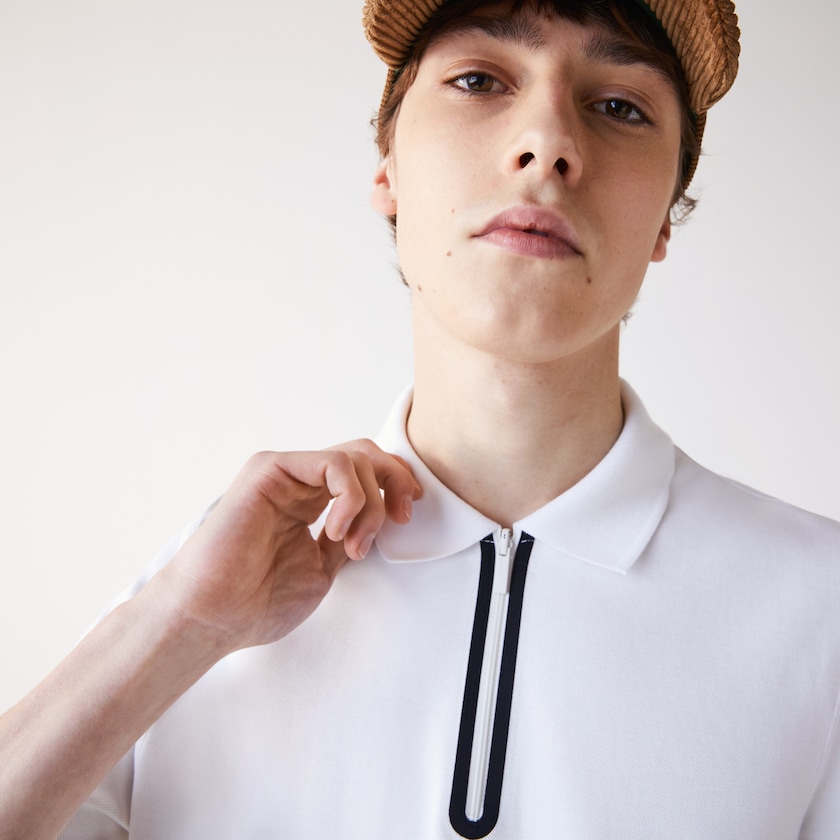 Camisa Polo Lacoste Masculino Branco Bege Zippered Collar Regular Fit Reversible Piqué FI7-23502T5
