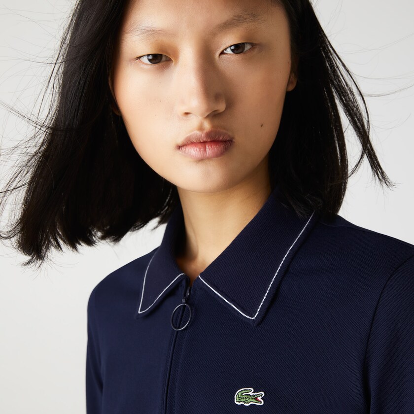 Camisa Polo Lacoste Feminino Azul Marinho Azuis Branco Zippered Slim Fit Cotton Piqué BB4-47734B4