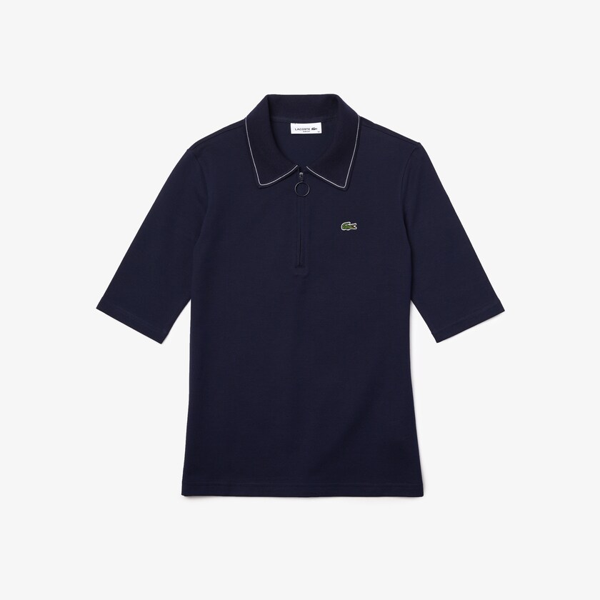 Camisa Polo Lacoste Feminino Azul Marinho Azuis Branco Zippered Slim Fit Cotton Piqué BB4-47734B4