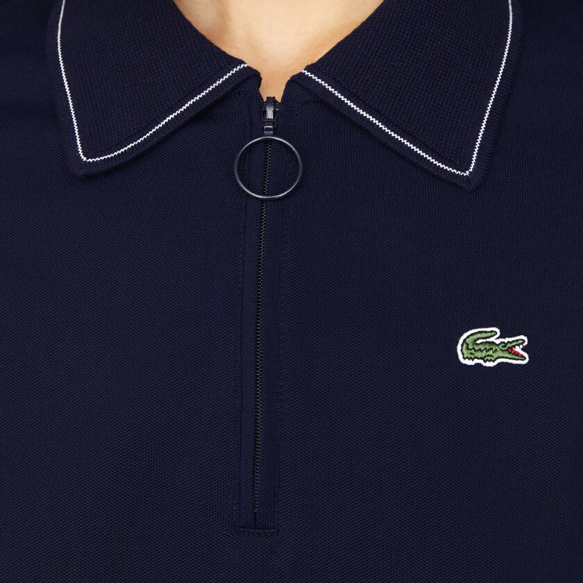 Camisa Polo Lacoste Feminino Azul Marinho Azuis Branco Zippered Slim Fit Cotton Piqué BB4-47734B4