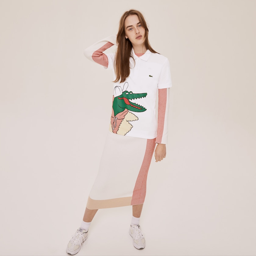 Camisa Polo Lacoste Feminino Branco Amarelas x Jean-Michel Tixier Print Classic Fit QI0-48984F5
