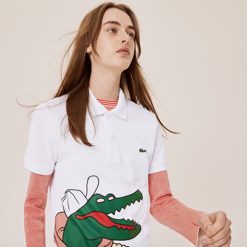 Camisa Polo Lacoste Feminino Branco Amarelas x Jean-Michel Tixier Print Classic Fit QI0-48984F5