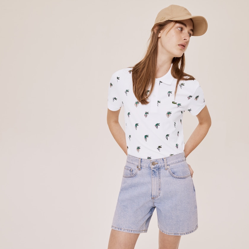 Camisa Polo Lacoste Feminino Branco x Jean-Michel Tixier Print Regular Fit DG1-14811D3