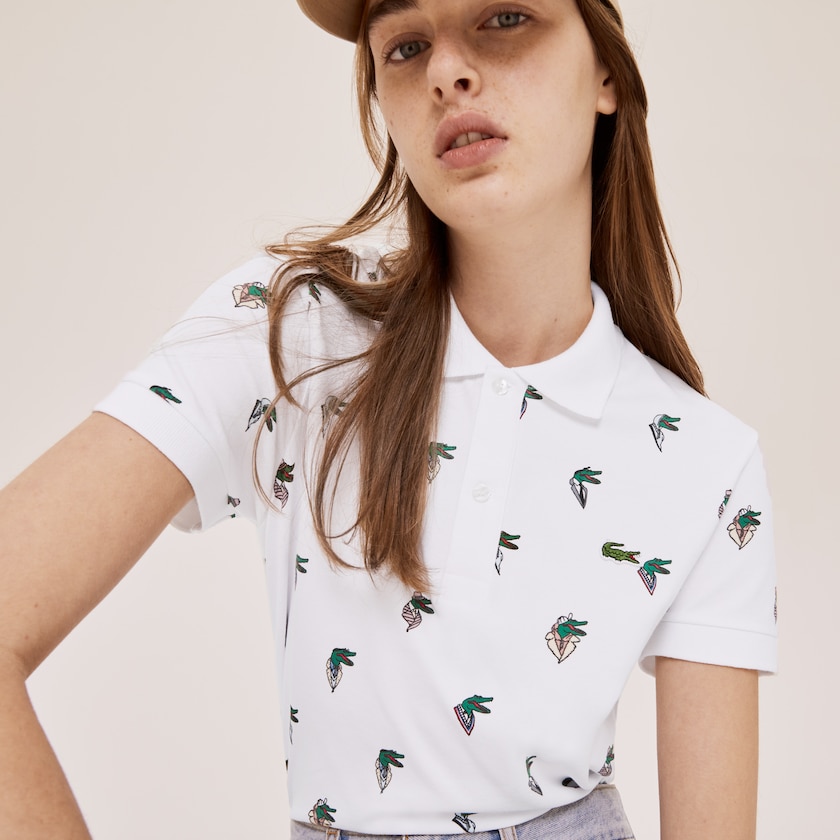 Camisa Polo Lacoste Feminino Branco x Jean-Michel Tixier Print Regular Fit DG1-14811D3