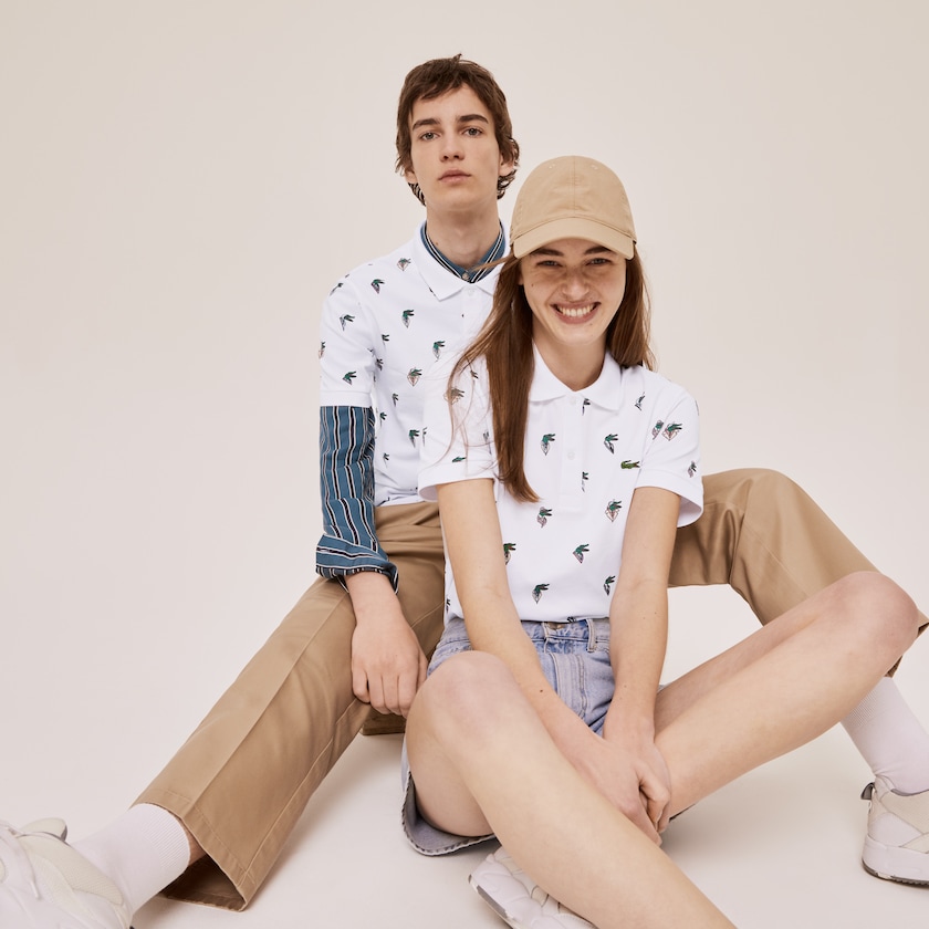 Camisa Polo Lacoste Feminino Branco x Jean-Michel Tixier Print Regular Fit DG1-14811D3