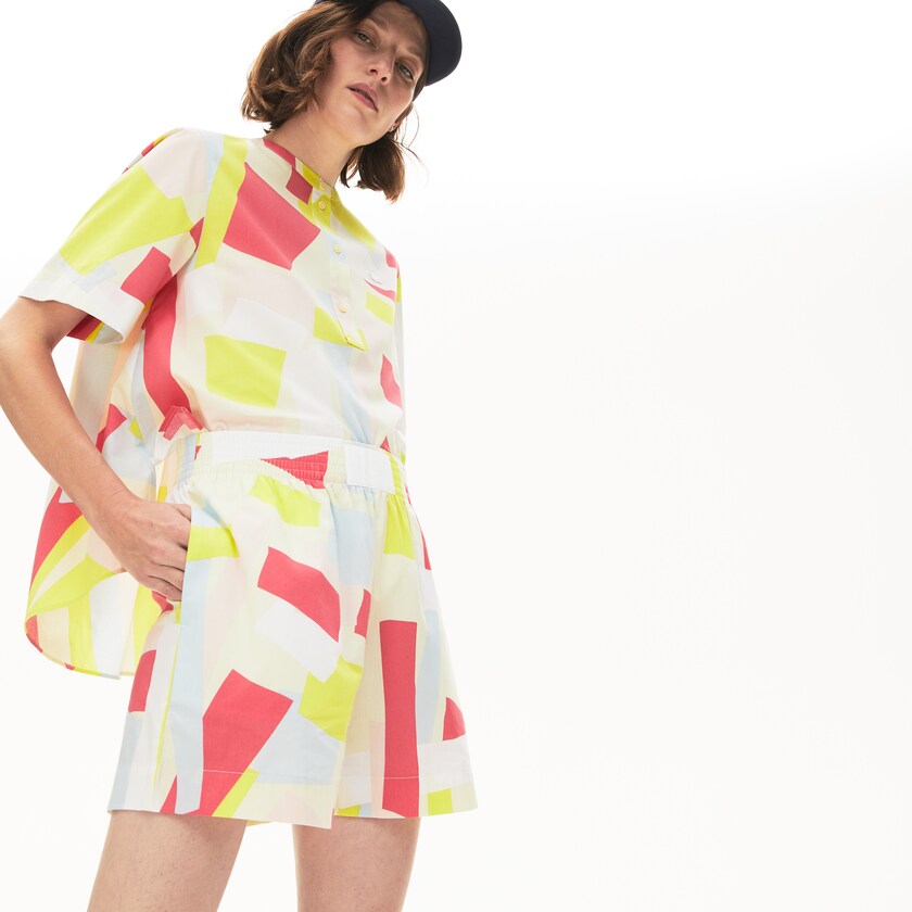 Camisas Lacoste Feminino Amarelas Branco Abstract-Print Cotton Blend Blouse FJ4-04730S3