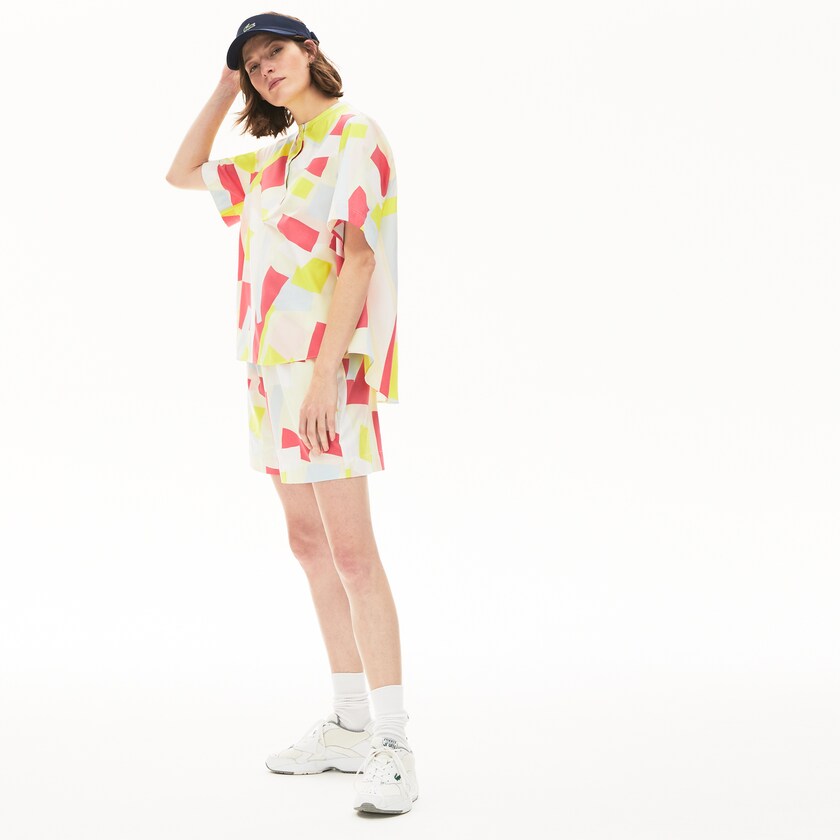 Camisas Lacoste Feminino Amarelas Branco Abstract-Print Cotton Blend Blouse FJ4-04730S3