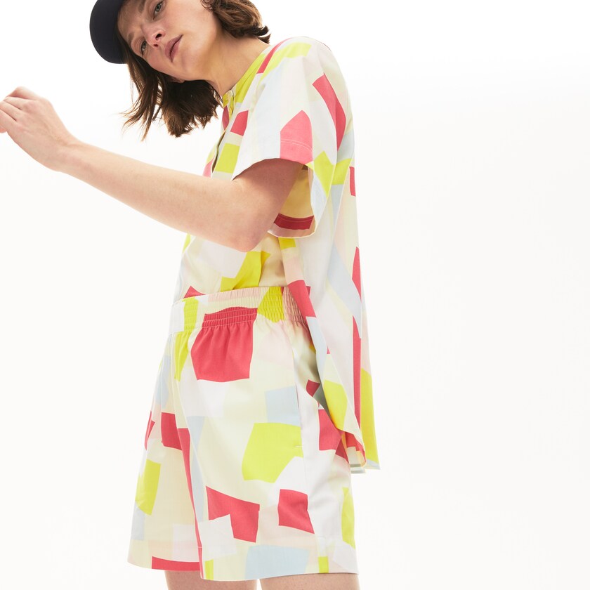 Camisas Lacoste Feminino Amarelas Branco Abstract-Print Cotton Blend Blouse FJ4-04730S3