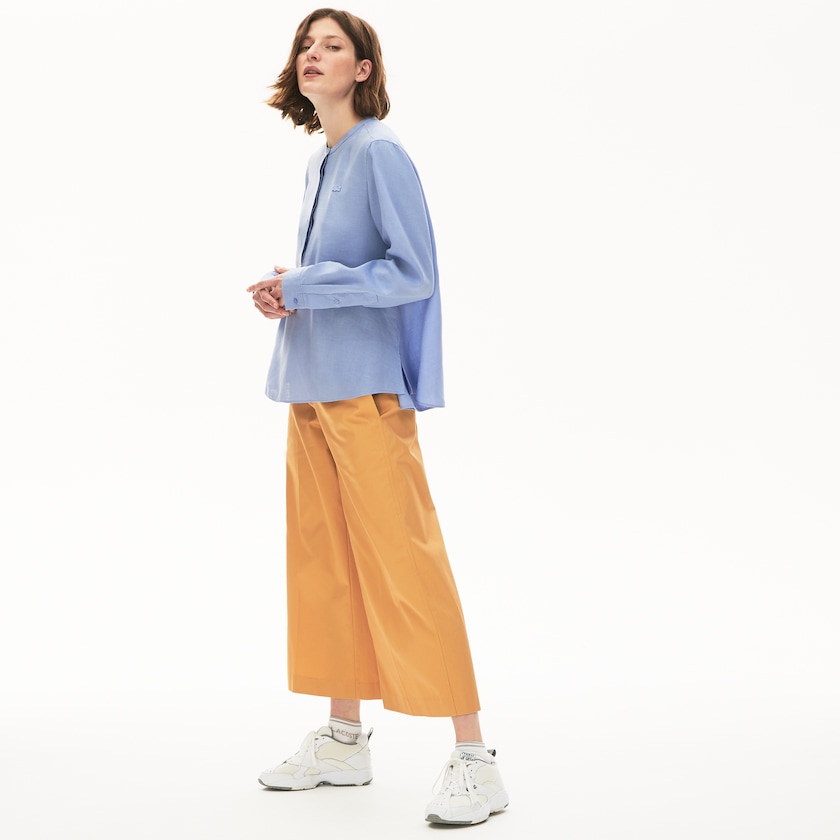 Camisas Lacoste Feminino Roxo Buttoned Mao Collar Linen Blouse PN9-71767L4