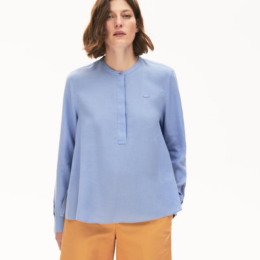 Camisas Lacoste Feminino Roxo Buttoned Mao Collar Linen Blouse PN9-71767L4