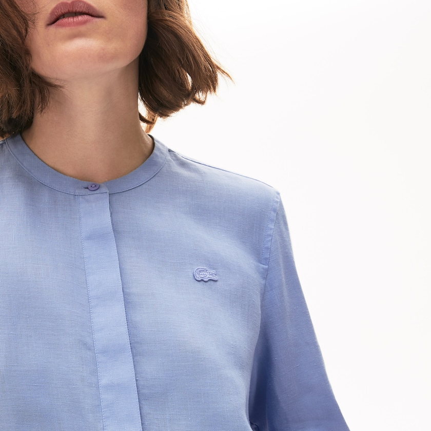 Camisas Lacoste Feminino Roxo Buttoned Mao Collar Linen Blouse PN9-71767L4