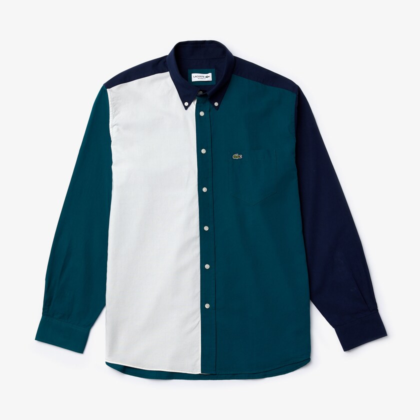 Camisas Lacoste Masculino Azul Marinho Azuis Verdes Branco Color-Block Cotton ZU1-65756W1