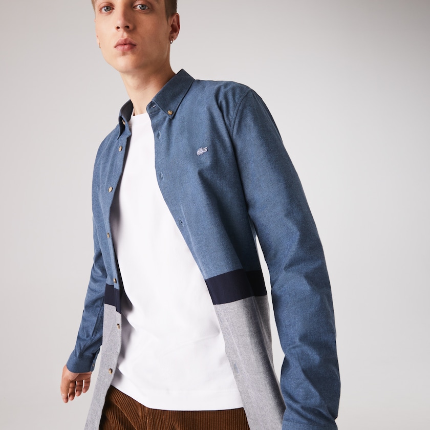 Camisas Lacoste Masculino Azul Marinho Azuis Azuis Branco Colorblock Regular Fit Cotton Flannel BZ2-32183Q5