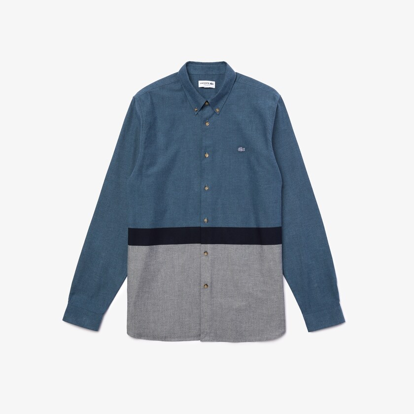 Camisas Lacoste Masculino Azul Marinho Azuis Azuis Branco Colorblock Regular Fit Cotton Flannel BZ2-32183Q5