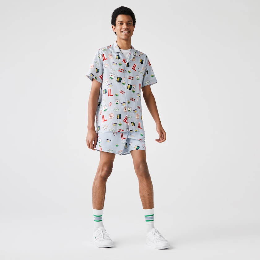 Camisas Lacoste Masculino Azuis Branco Hawaiian Print Cotton KD4-35863S1