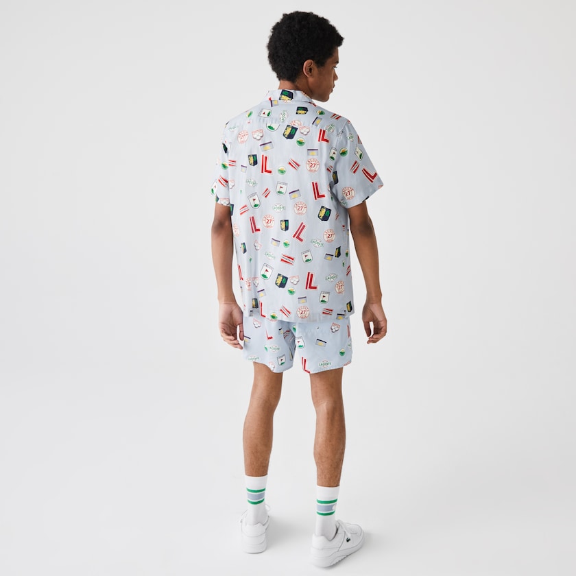 Camisas Lacoste Masculino Azuis Branco Hawaiian Print Cotton KD4-35863S1
