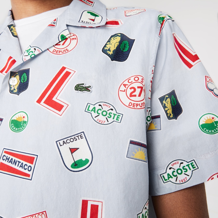 Camisas Lacoste Masculino Azuis Branco Hawaiian Print Cotton KD4-35863S1