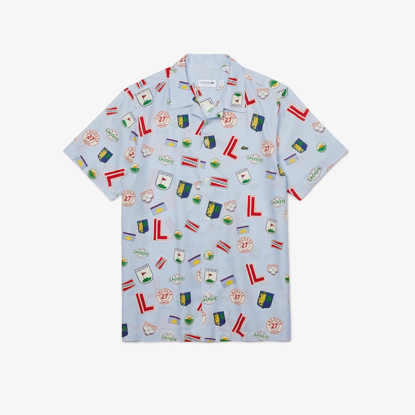 Camisas Lacoste Masculino Azuis Branco Hawaiian Print Cotton KD4-35863S1