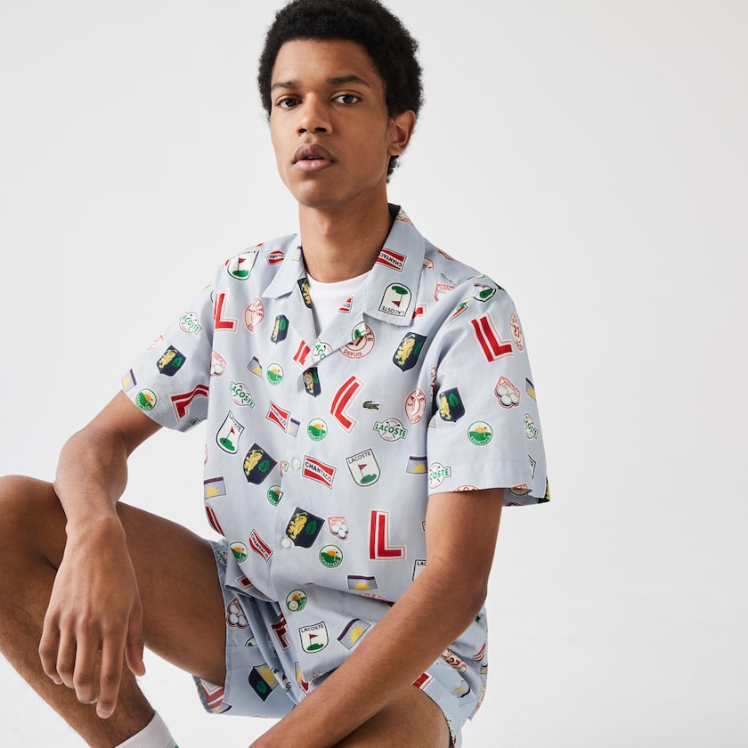 Camisas Lacoste Masculino Azuis Branco Hawaiian Print Cotton KD4-35863S1
