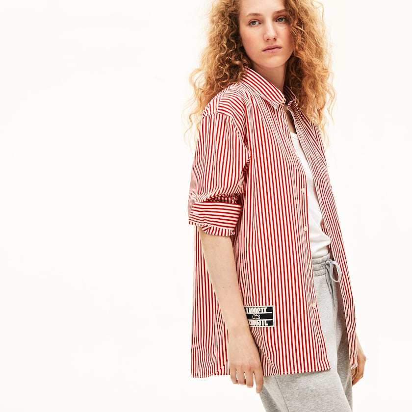 Camisas Lacoste Feminino Branco Vermelhas LIVE Boxy-Fit Striped Cotton GE6-71567V7
