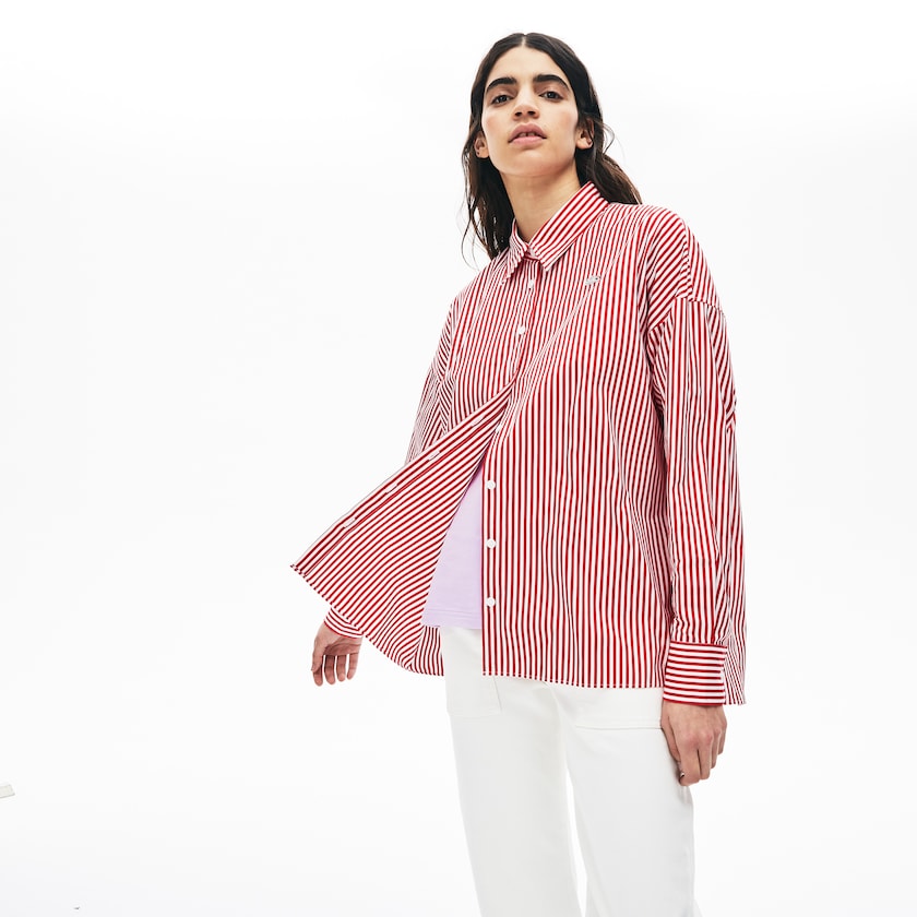 Camisas Lacoste Feminino Branco Vermelhas LIVE Boxy-Fit Striped Cotton LN4-56635W0