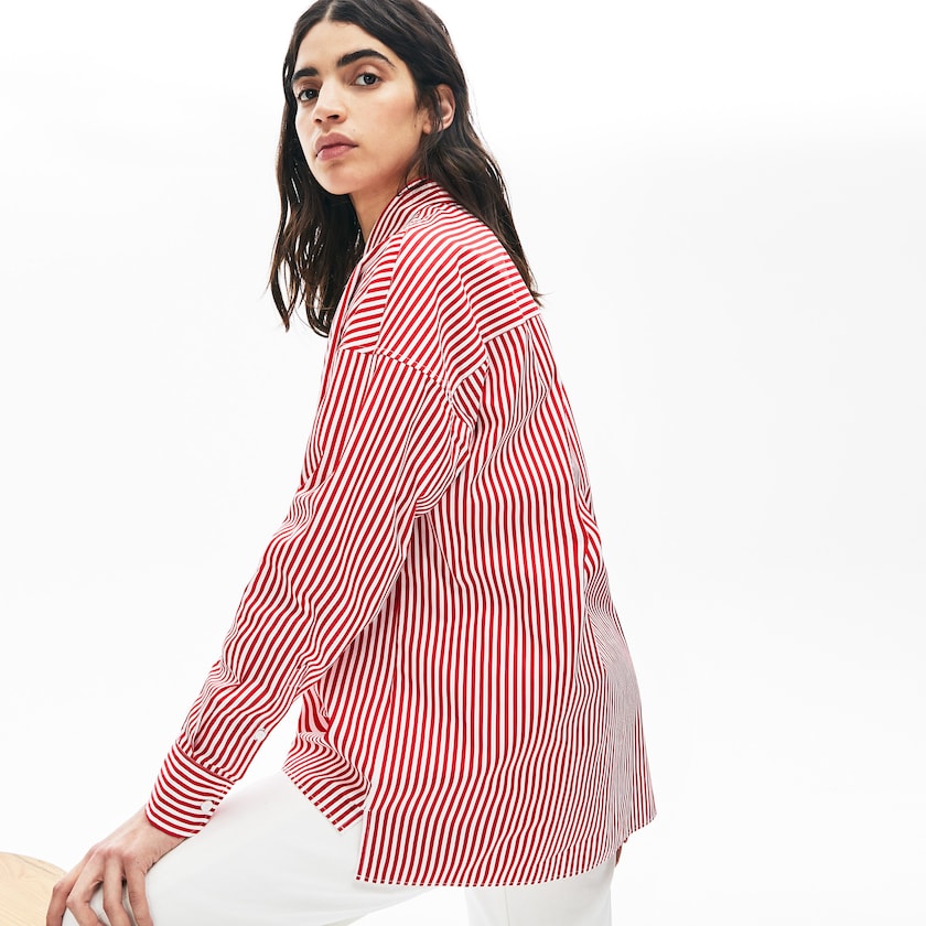 Camisas Lacoste Feminino Branco Vermelhas LIVE Boxy-Fit Striped Cotton LN4-56635W0