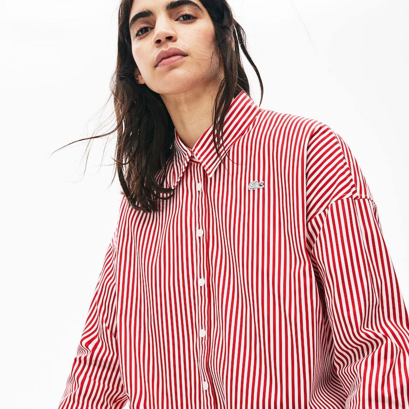 Camisas Lacoste Feminino Branco Vermelhas LIVE Boxy-Fit Striped Cotton LN4-56635W0