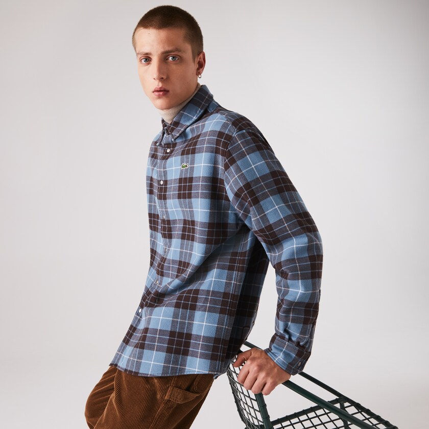 Camisas Lacoste Masculino Azuis Marrom LIVE Checked Flannel Lined Oversized VD8-81518C4