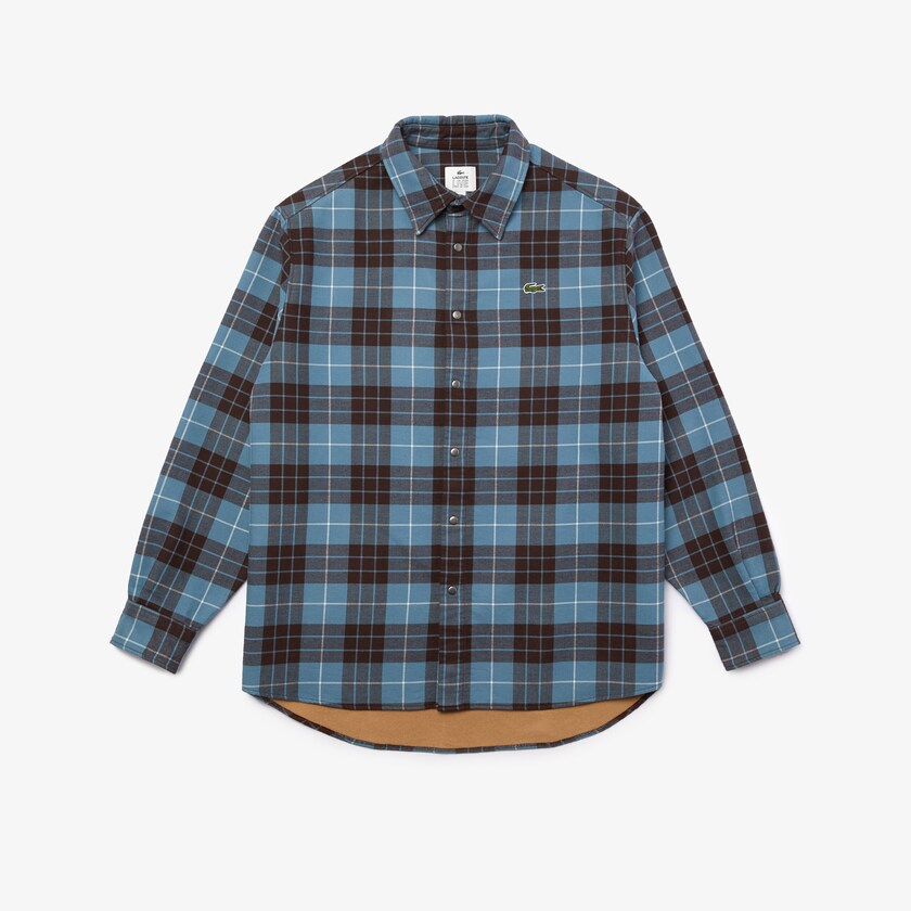Camisas Lacoste Masculino Azuis Marrom LIVE Checked Flannel Lined Oversized VD8-81518C4