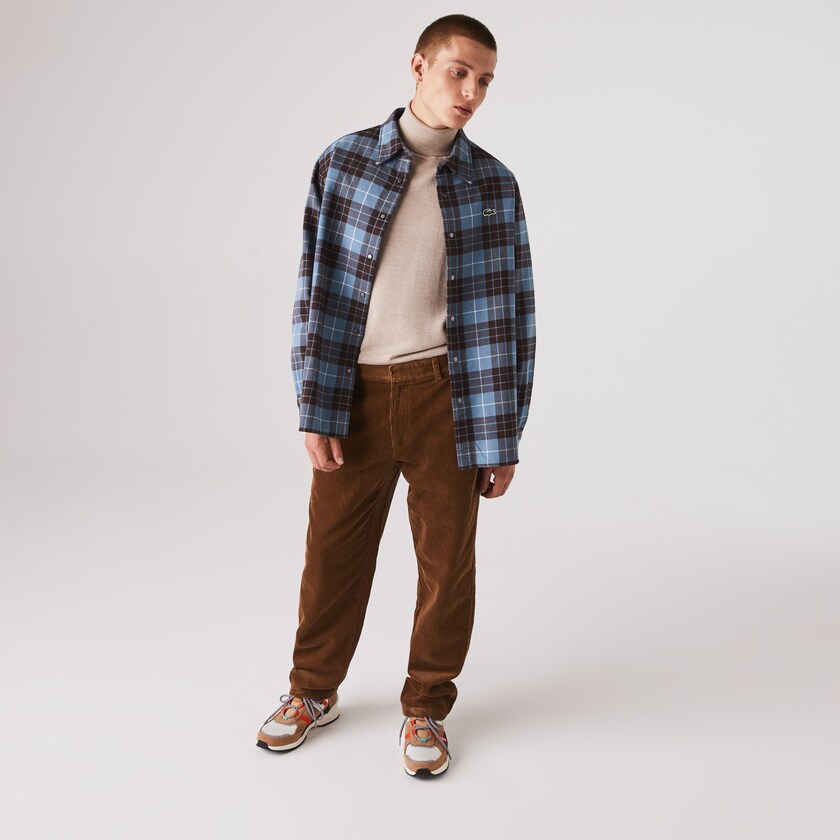 Camisas Lacoste Masculino Azuis Marrom LIVE Checked Flannel Lined Oversized VD8-81518C4