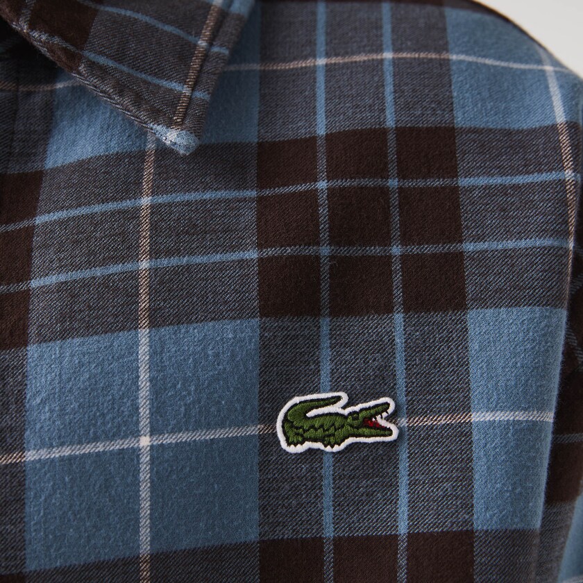 Camisas Lacoste Masculino Azuis Marrom LIVE Checked Flannel Lined Oversized VD8-81518C4