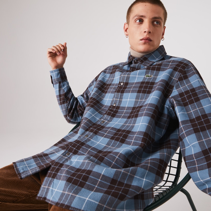Camisas Lacoste Masculino Azuis Marrom LIVE Checked Flannel Lined Oversized VD8-81518C4