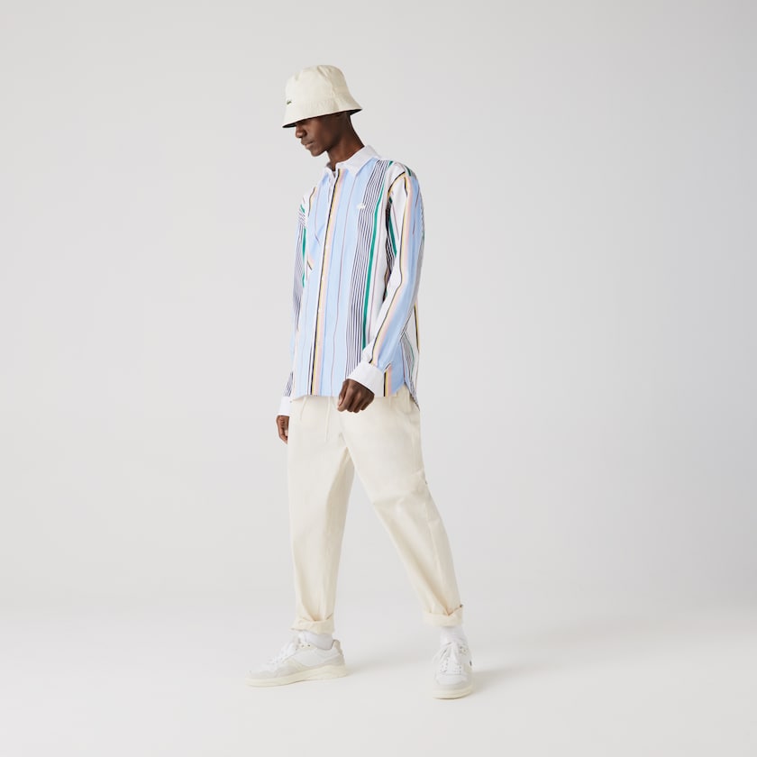 Camisas Lacoste Masculino Azuis Branco LIVE Relaxed Fit Mismatched-Stripe Cotton BD7-34583K8