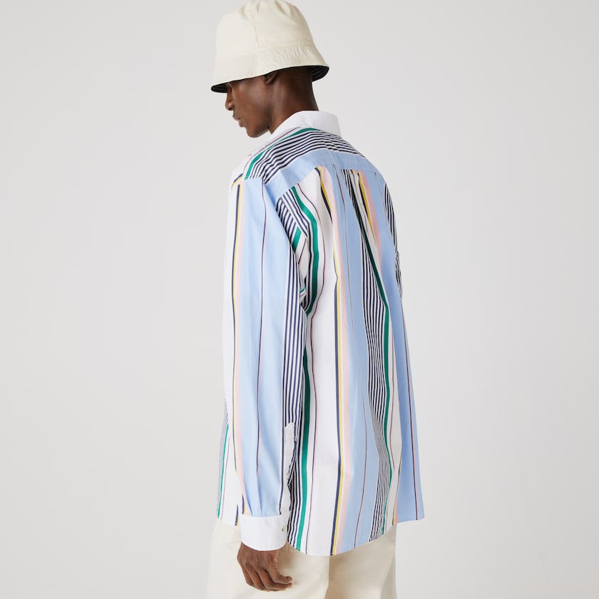 Camisas Lacoste Masculino Azuis Branco LIVE Relaxed Fit Mismatched-Stripe Cotton BD7-34583K8