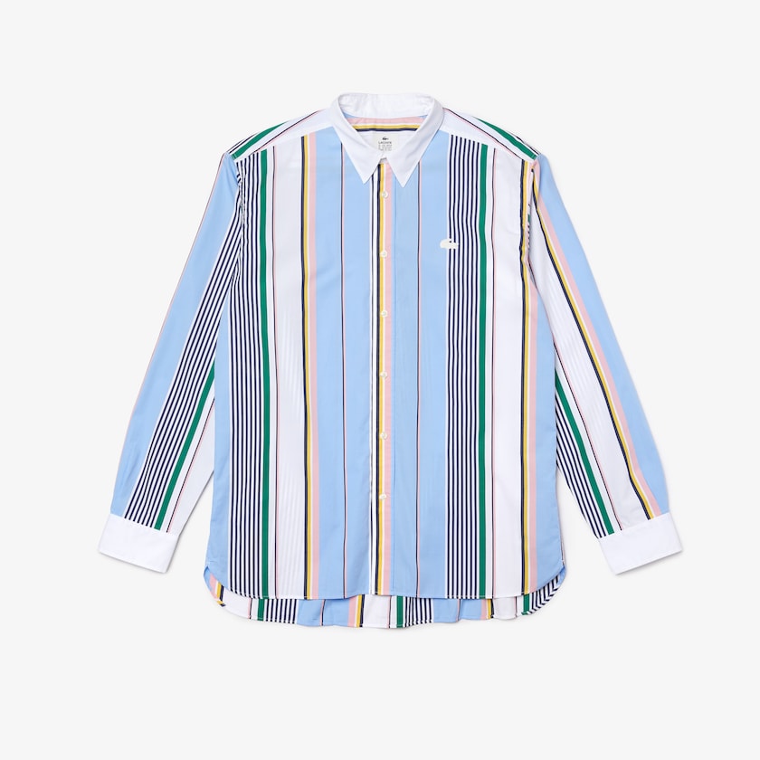 Camisas Lacoste Masculino Azuis Branco LIVE Relaxed Fit Mismatched-Stripe Cotton BD7-34583K8