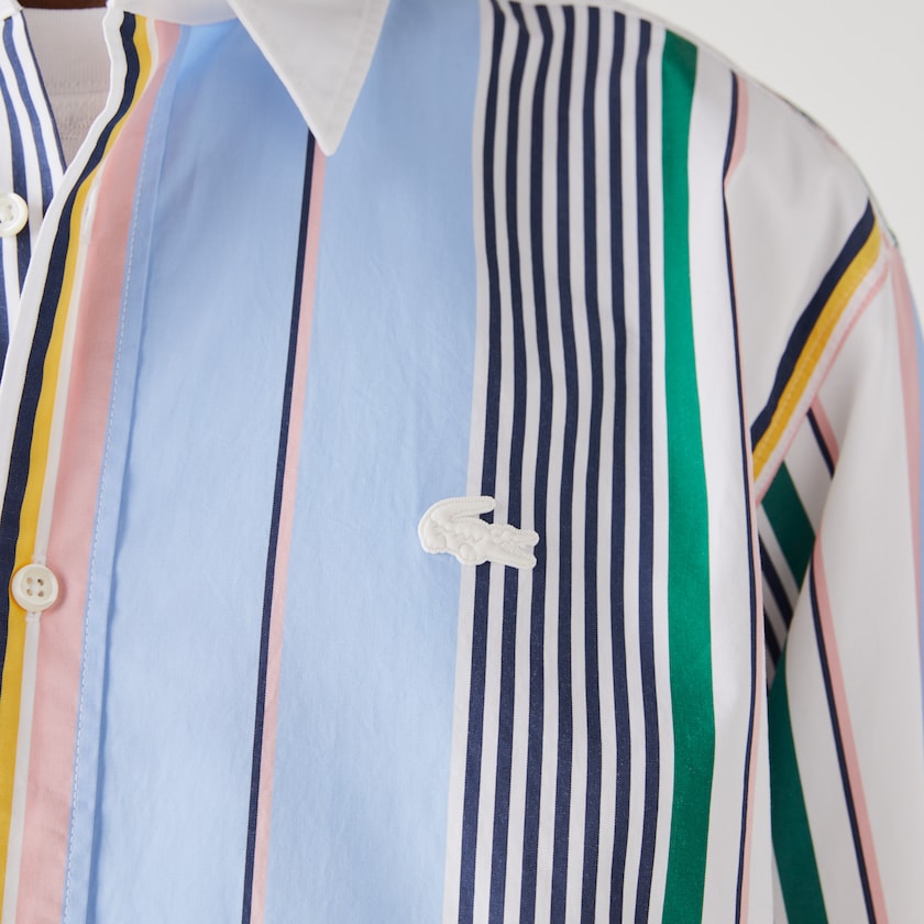 Camisas Lacoste Masculino Azuis Branco LIVE Relaxed Fit Mismatched-Stripe Cotton BD7-34583K8