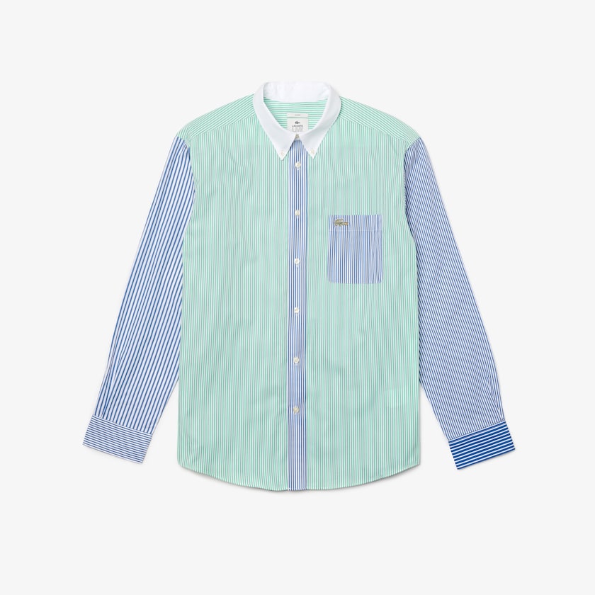 Camisas Lacoste Masculino Azuis Verdes Branco LIVE Relaxed Fit Striped Cotton KI2-94439B0